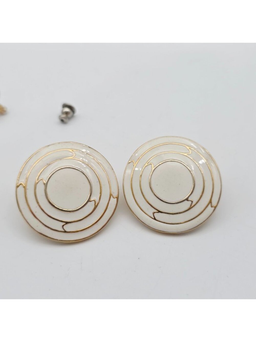Round Gold-Tone & Cream Enamel Post Earrings With Geometric Design 1" 1980s